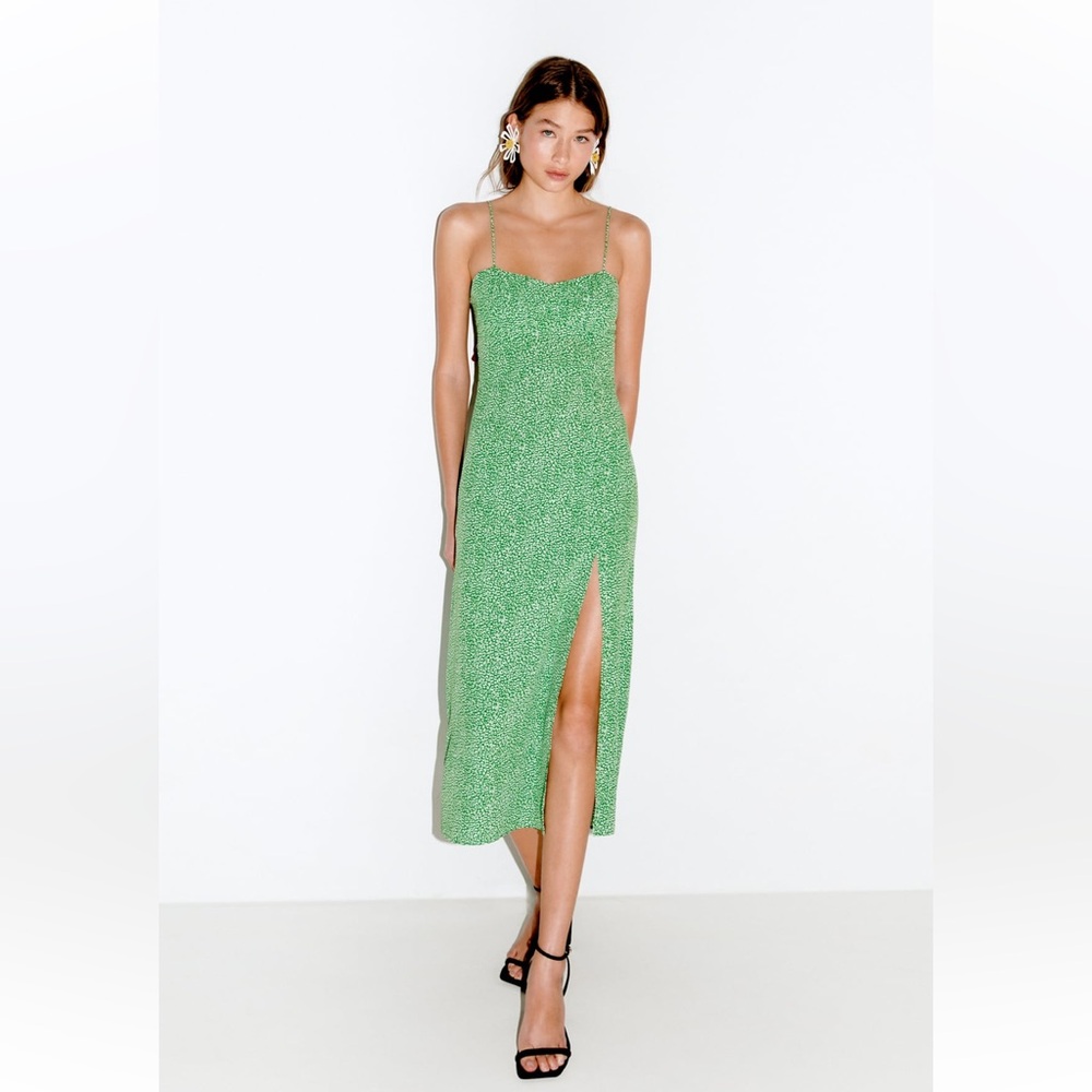 Zara Green Animal Print Spaghetti Strap Midi Dress Size Medium NWT
